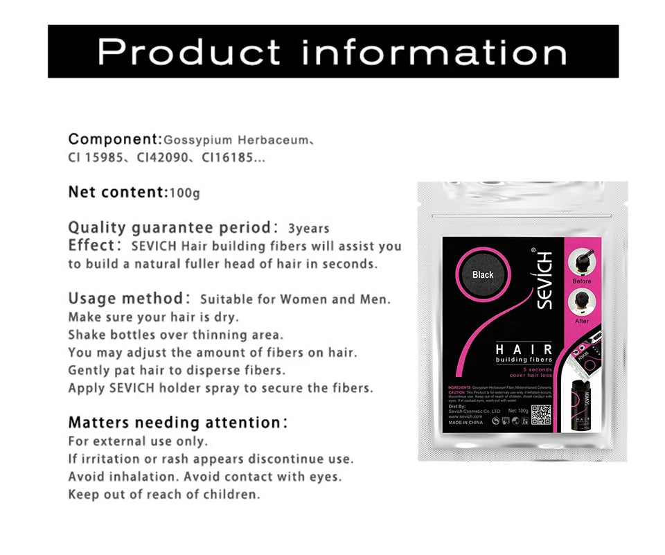 Sevich 10 Color Hair Fibers Keratin Hair Loss Building Fiber 25g/100g Hair Loss Concealer Instant Wig Regrowth Powders Black