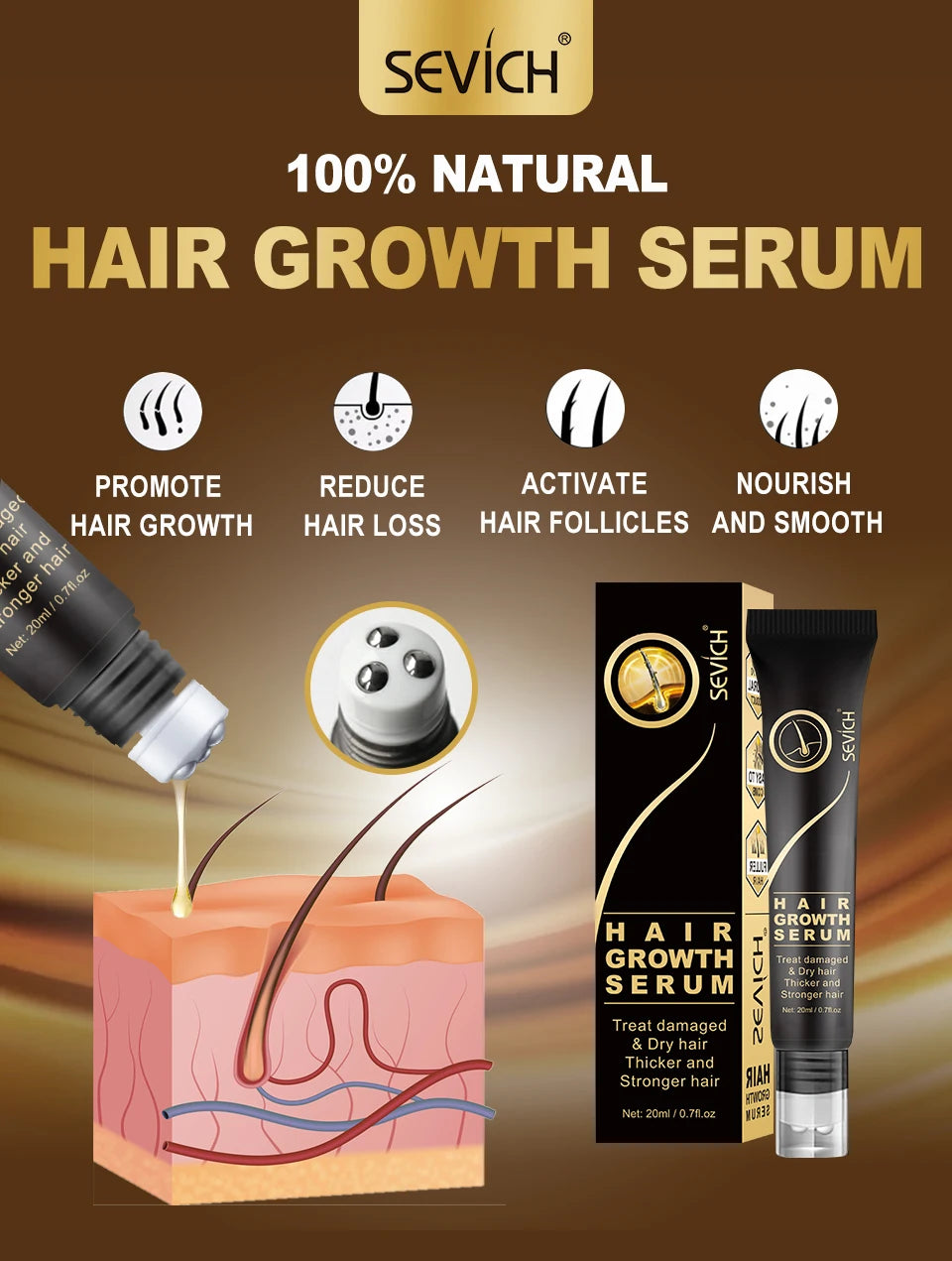 Sevich Herbal Fast Hair Growth Oil With Massage Roller 20ml Hair Loss Treatment Ginger Extract Growing Serum Hair Loss Products
