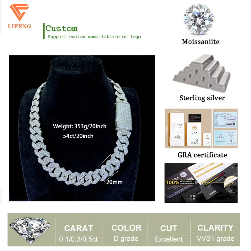 Moissanite Necklace Custom Lock 20mm Cuban Link Chain Ice Out Moissanite Chain Men Silver 925 Hiphop Cuban Link Necklace