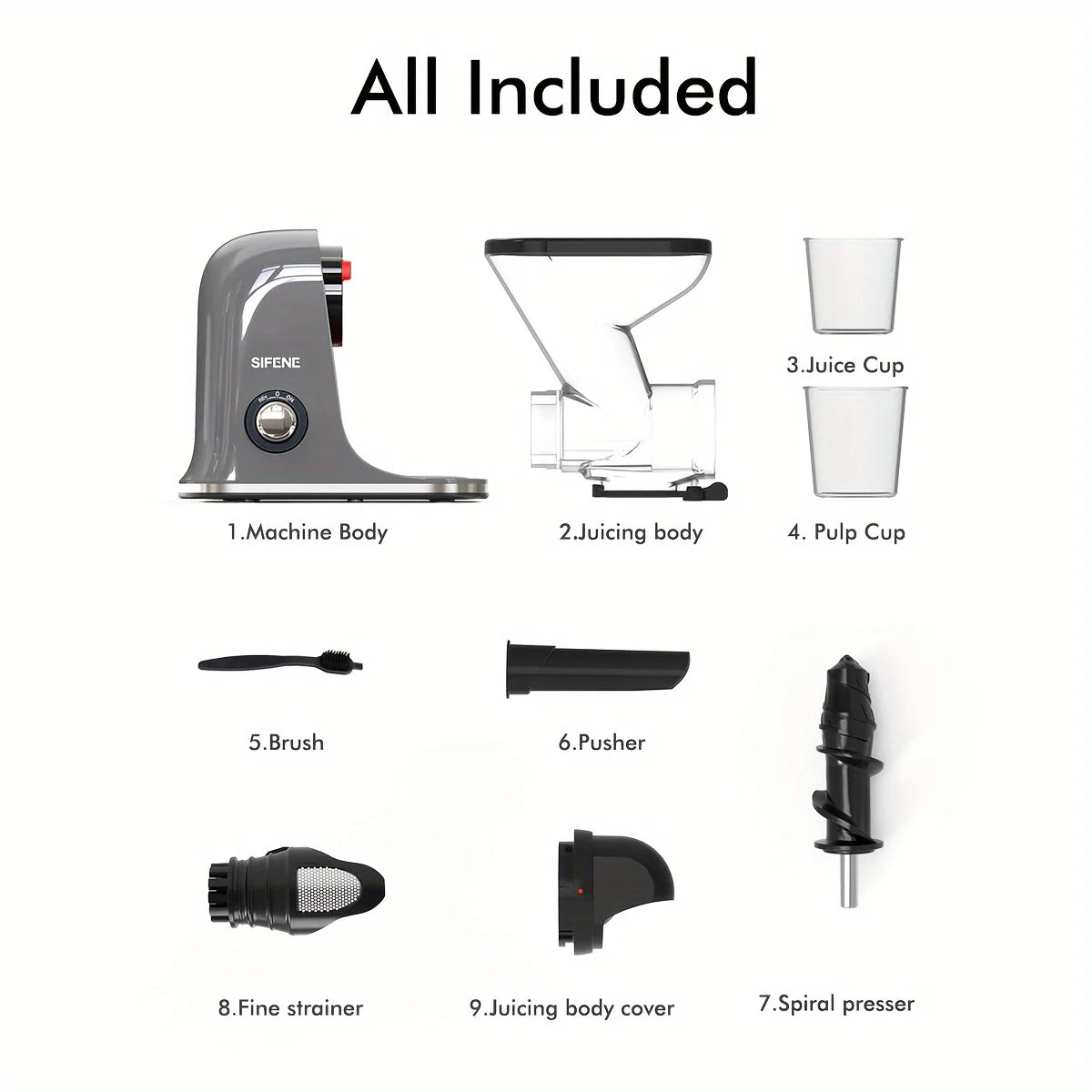 SiFENE Cold Press Juicer - Slow Masticating, High Yield for Fruits & Veggies, Dual-Mouth, Anti-Clog, Easy Clean, BPA-Free, Gray