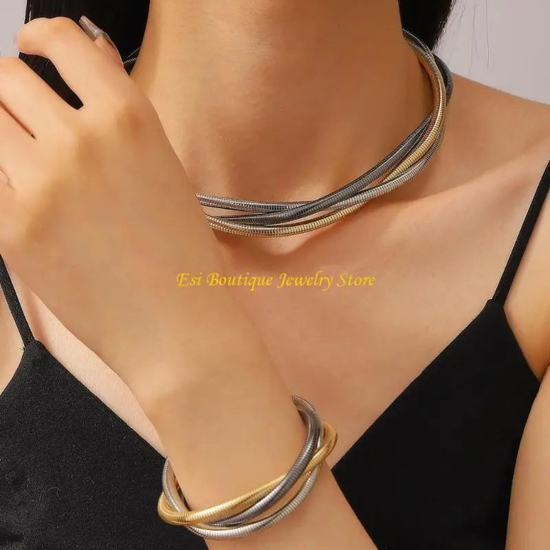 4XBE Women's Punk 3 Strands Wrap Chain Necklace and Bracelet Set Geometric Wristband and Neckchain Jewelry Set