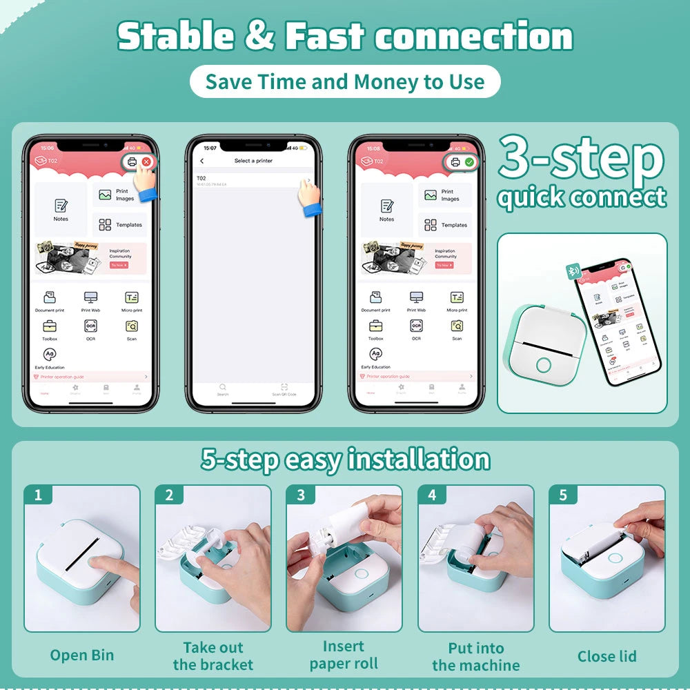 Solid T02 Portable Mini Wireless Thermal Pocket Printer Self-adhesive Stickers Use for DIY Journal Sticker Impresora Portátil