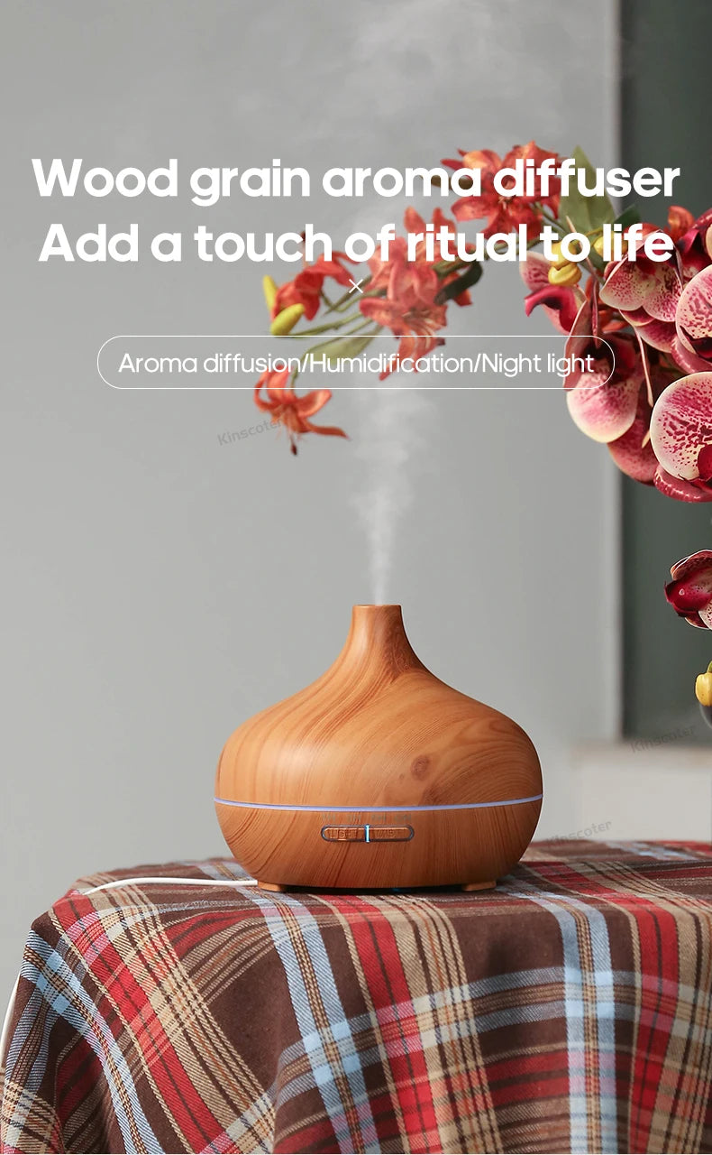 KINSCOTER Wood Grain Aromatherapy Diffuser 300ml Essential Aroma Oils Ultrasonic Air Humidifier 3 Timers USB Color Light