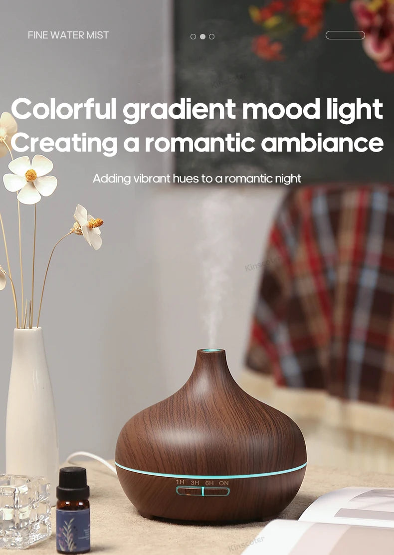 KINSCOTER Wood Grain Aromatherapy Diffuser 300ml Essential Aroma Oils Ultrasonic Air Humidifier 3 Timers USB Color Light