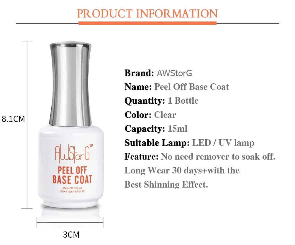 AWStorG 15ML Peel Off Base Coat UV Gel Nail Polish Clear Primer Semi Permanent UV Soft Practice Gel For Protect Care Nails Art
