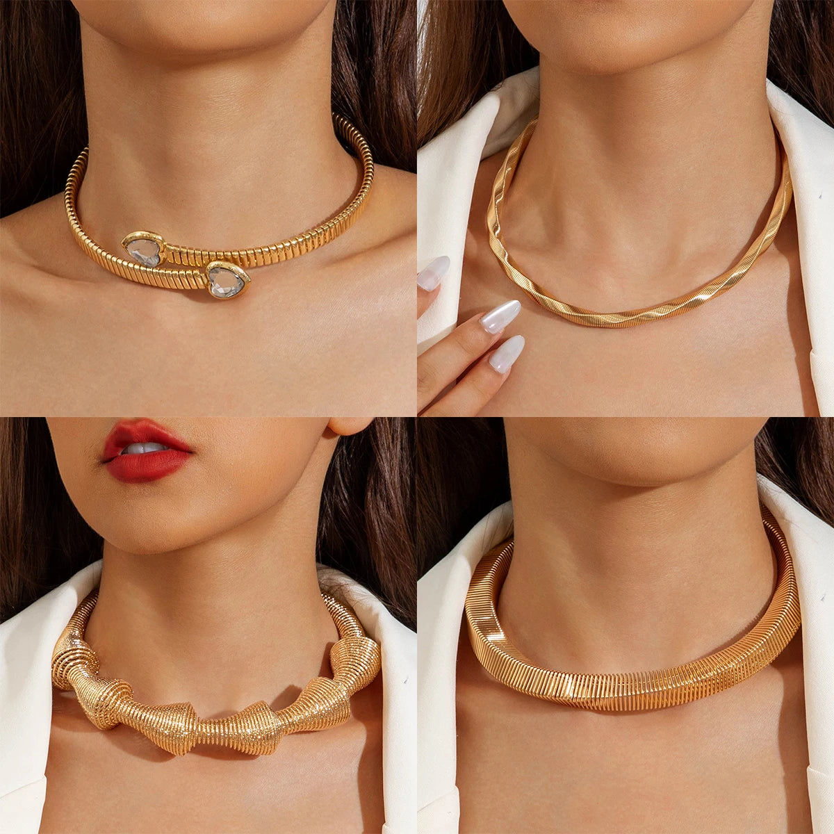 Tocona Vintage Exaggerated Gold Silver Colour Chunky Choker for Women Striped Collar Necklace with Adjustable Chain Jewelry