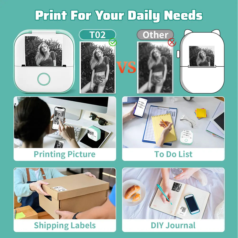 Solid T02 Portable Mini Wireless Thermal Pocket Printer Self-adhesive Stickers Use for DIY Journal Sticker Impresora Portátil
