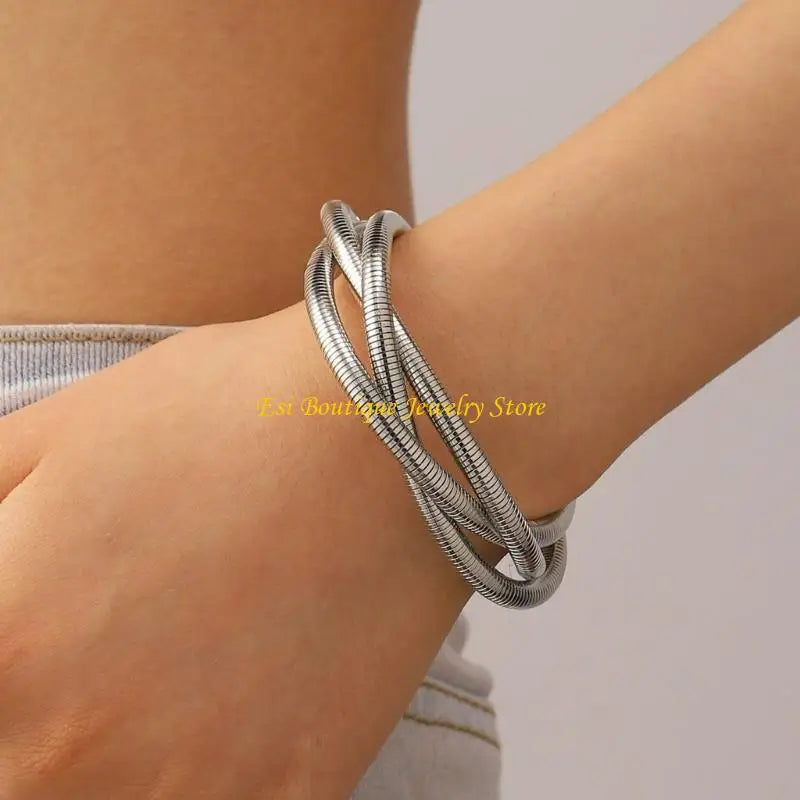 4XBE Women's Punk 3 Strands Wrap Chain Necklace and Bracelet Set Geometric Wristband and Neckchain Jewelry Set