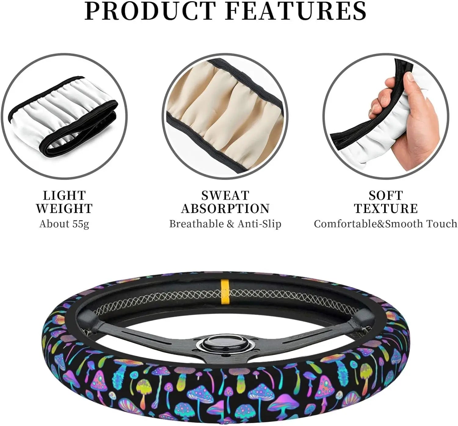 Colorful Mushroom Steering Wheel Cover Forest Psychedelic Mushroom  Automobile Neoprene Shell Anti-Skid Automobile Steering