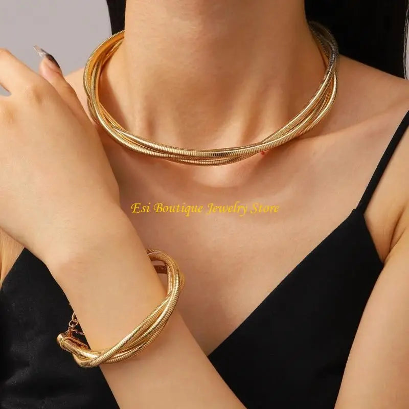 4XBE Women's Punk 3 Strands Wrap Chain Necklace and Bracelet Set Geometric Wristband and Neckchain Jewelry Set