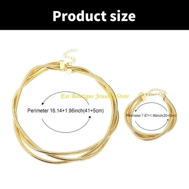 4XBE Women's Punk 3 Strands Wrap Chain Necklace and Bracelet Set Geometric Wristband and Neckchain Jewelry Set
