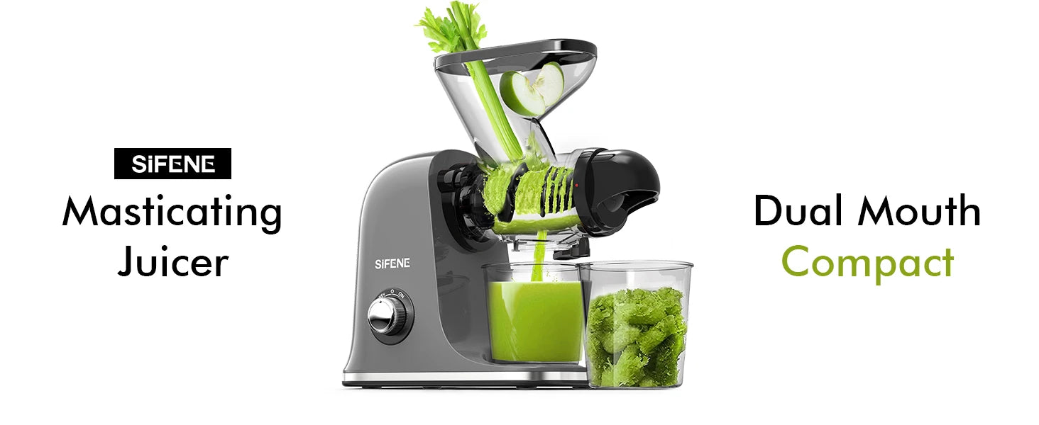 SiFENE Cold Press Juicer - Slow Masticating, High Yield for Fruits & Veggies, Dual-Mouth, Anti-Clog, Easy Clean, BPA-Free, Gray