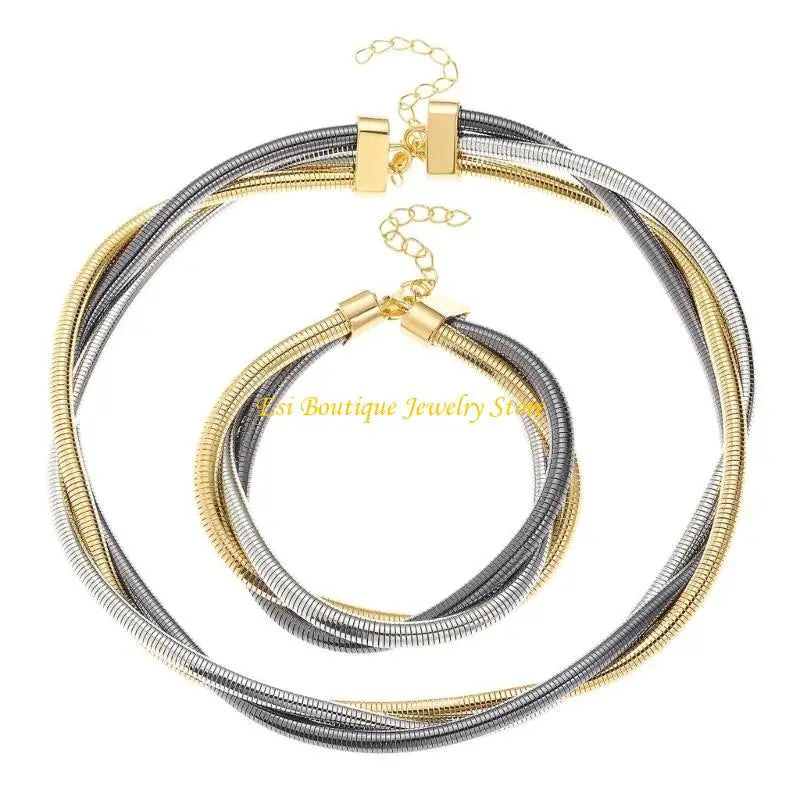 4XBE Women's Punk 3 Strands Wrap Chain Necklace and Bracelet Set Geometric Wristband and Neckchain Jewelry Set