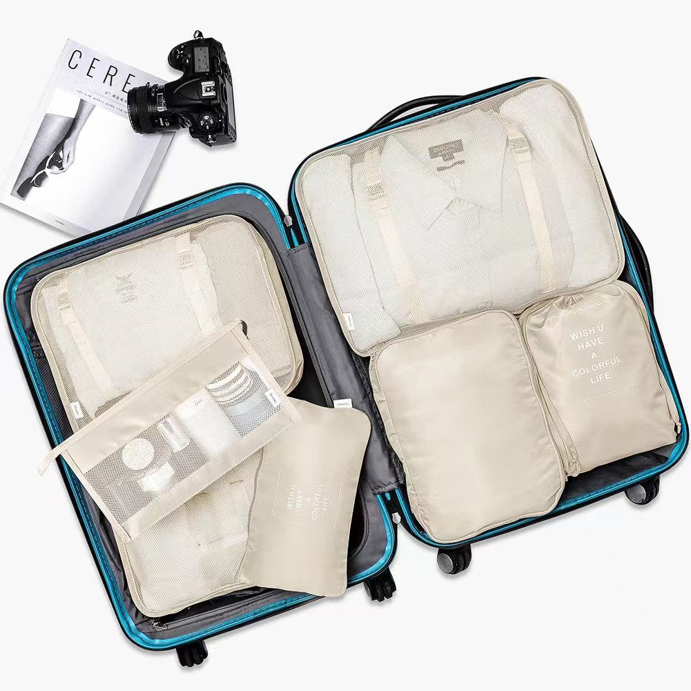 NNEDSZ Beige Travel Packing Cube Set - 7-Piece Luggage Organizer for Clothes, Toiletries, and Accessories