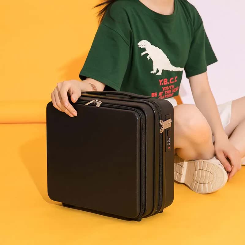 NNEDSZ Black Mini 16-Inch Password-Protected ABS Storage and Carry-On Luggage Box | Front-Opening Cosmetic Organizer | Lightweight 1.46kg Travel Case