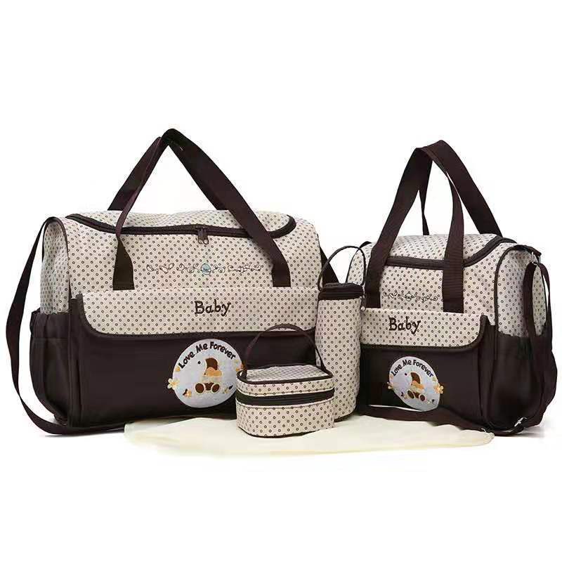 NNEDSZ Coffee 5-Piece Mommy Bag Set - Large Capacity Diaper Bags for Baby Travel, Tote and Shoulder Bags with Insulated Bottle Holder and Snack Bag