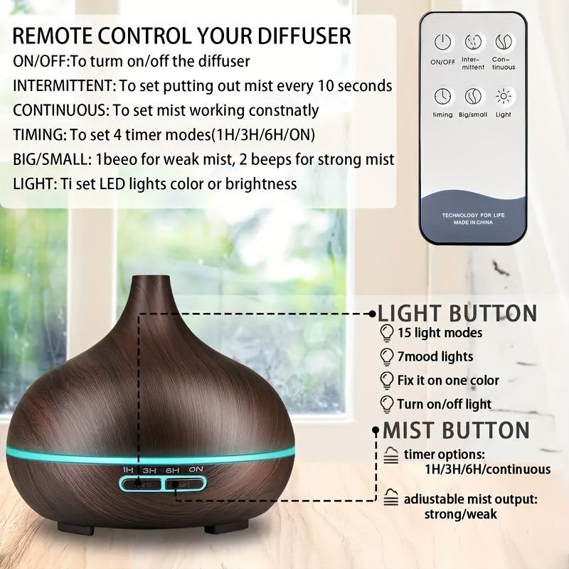 Diffuser For Home 550ml Aromatherapy Essential Oil Diffuser Wood Grain Remote Control Ultrasonic Air Humidifier Cool 7 Color LED