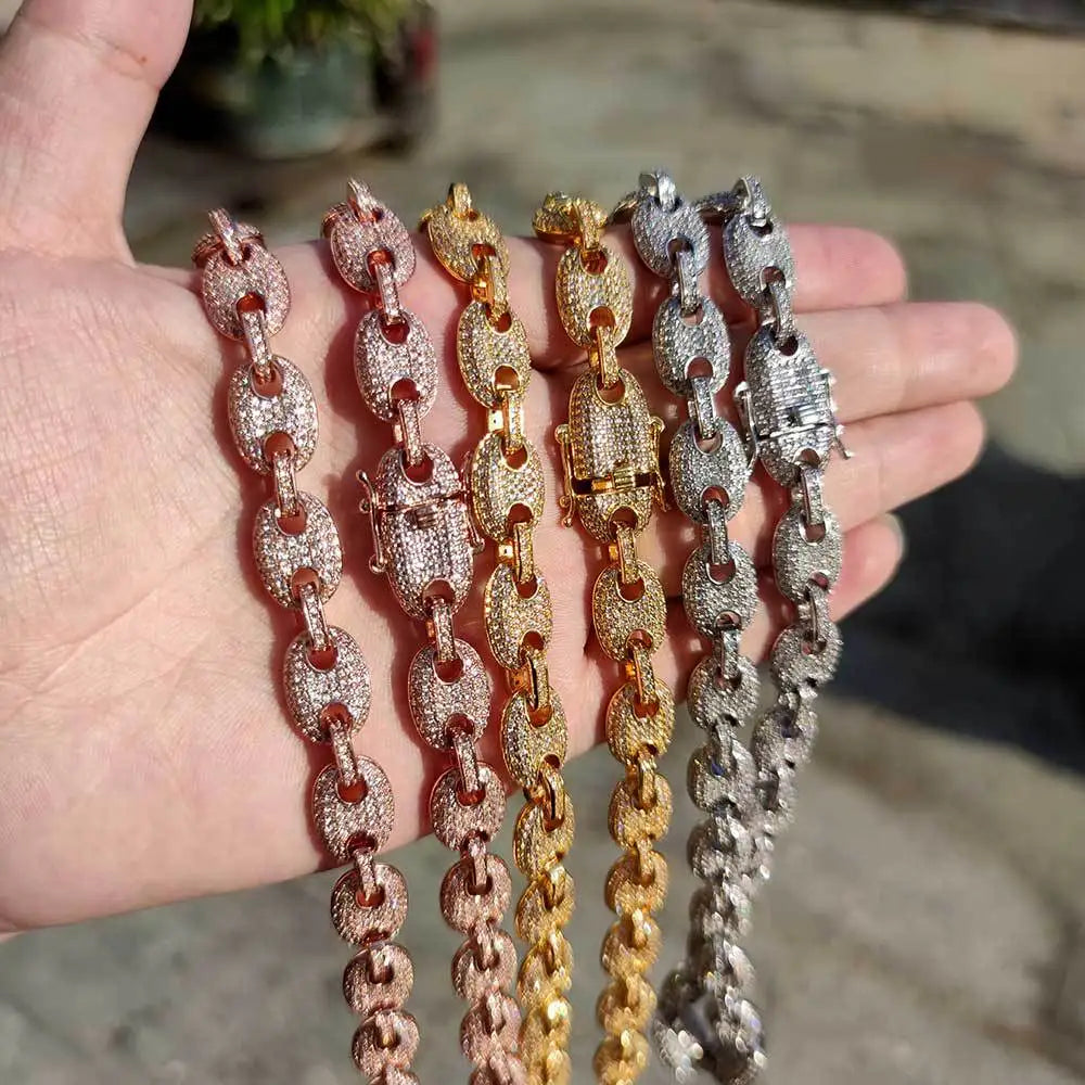 Wholesale Hip Hop Jewelry White Gold Plated Iced Out Cz Diamond Cuban Chain Gold Pig Nose Cuban Link Chain Necklace