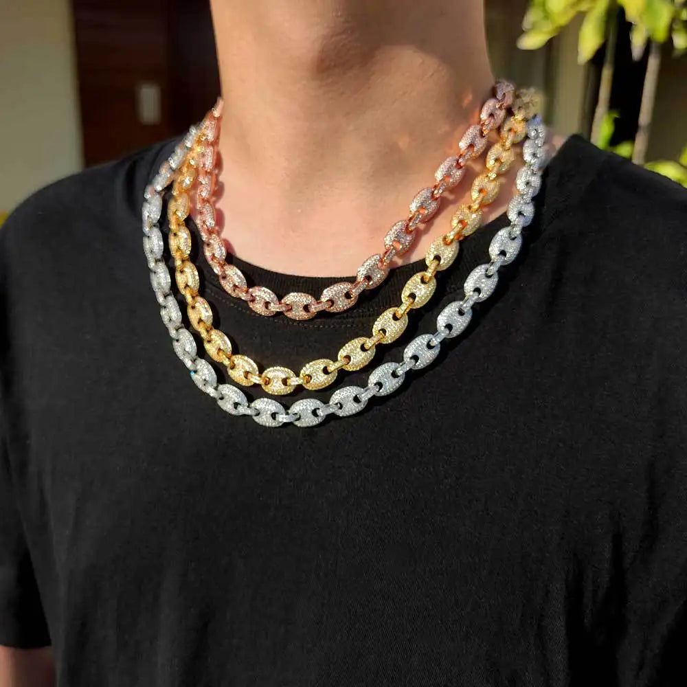 Wholesale Hip Hop Jewelry White Gold Plated Iced Out Cz Diamond Cuban Chain Gold Pig Nose Cuban Link Chain Necklace