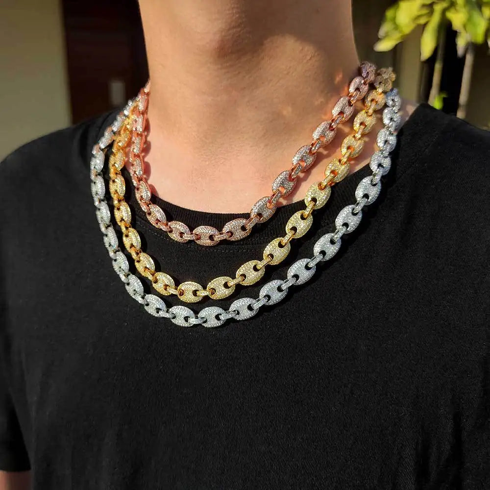 Wholesale Hip Hop Jewelry White Gold Plated Iced Out Cz Diamond Cuban Chain Gold Pig Nose Cuban Link Chain Necklace