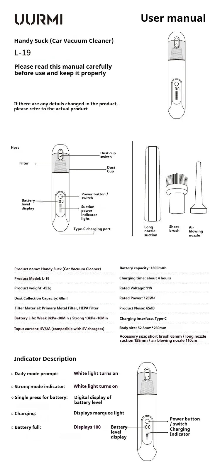 Uurmi Car Vacuum Cleaner 3 In1 Wireless Automobile Vacuum Cleaner Handheld Mini Dust Catcher