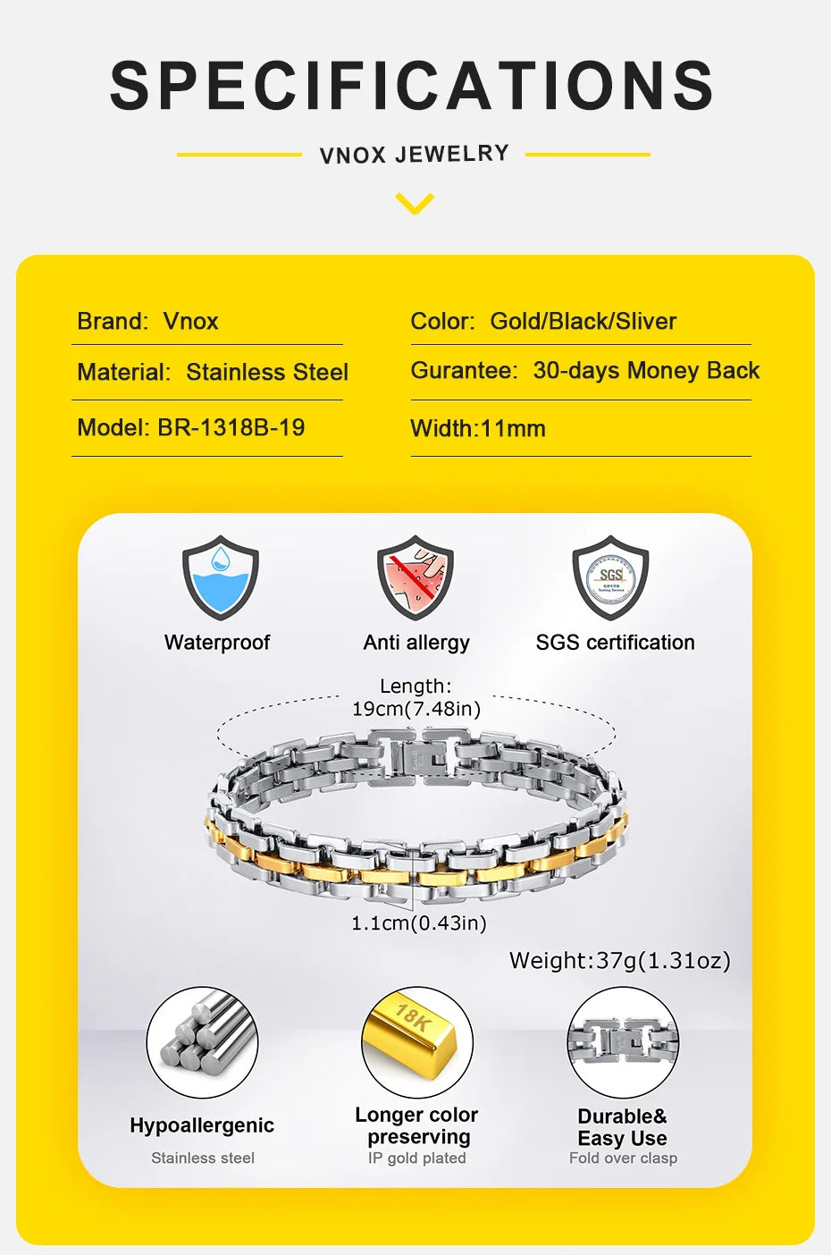 Vnox Thick Masculine Wtach Band Link Bracelets for Men, 11mm Stainless Steel Handmade Link Wristband, Gentle Punk Gift for Him