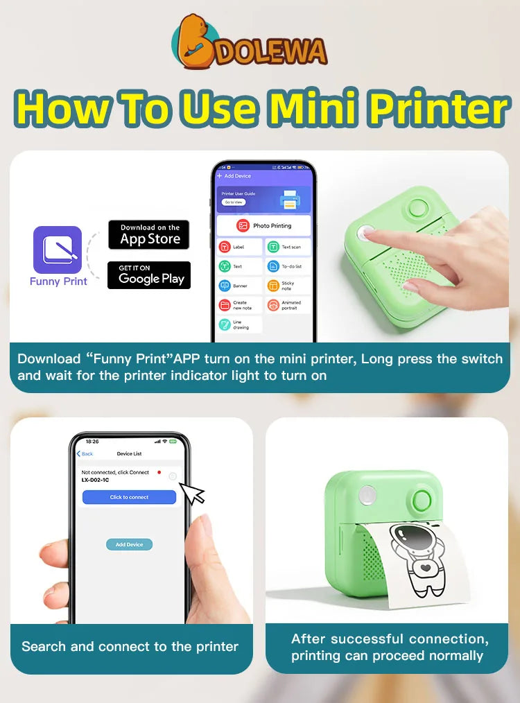 Dolewa D3 Portable Printer Thermal Paper Stickers Paper Mini Printers Labels Maker Printer for Error Printing Photo Printing