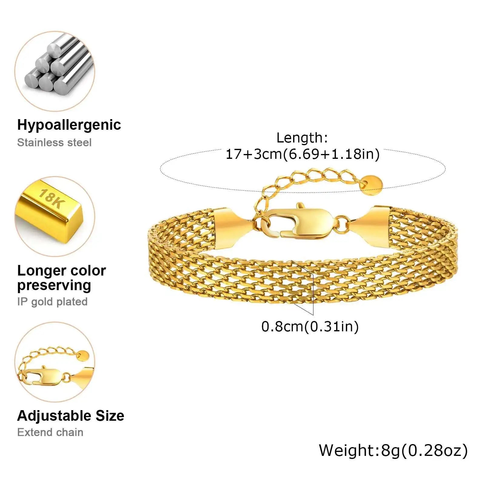 Mesh Link Chain Stainless Steel Bracelet for Women, 3mm/4mm/6mm Gold Plated Italian Chain Wristband Gift Jewelry, Non Tarnis