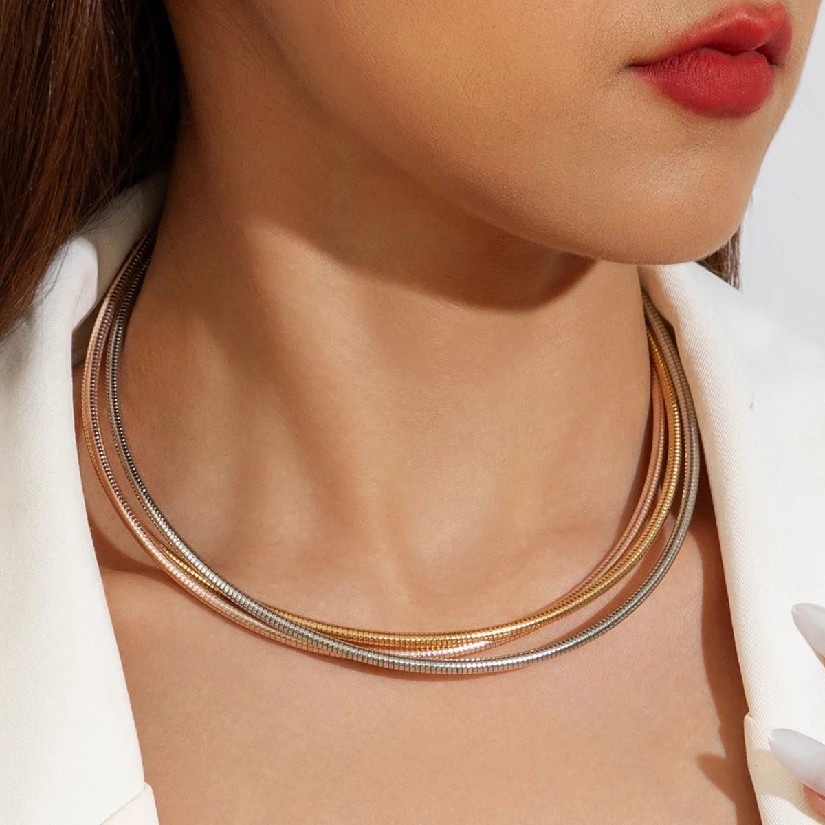 Tocona Vintage Exaggerated Gold Silver Colour Chunky Choker for Women Striped Collar Necklace with Adjustable Chain Jewelry