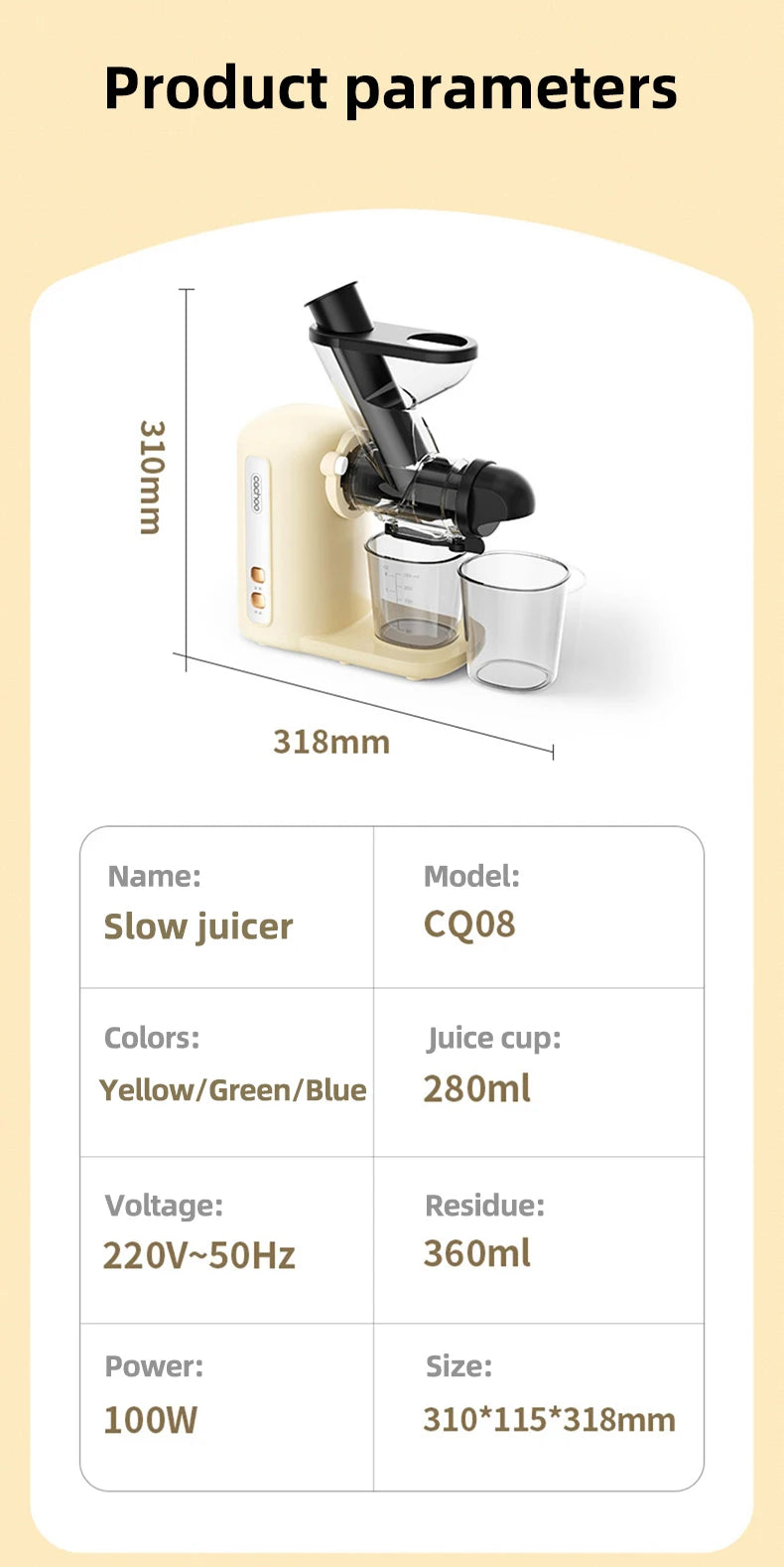Slow Electric Juicer Multifunction Fruit Vegetable Screw Cold Press Extractor Automatic Squeezer Citrus Juicer Portable Blender