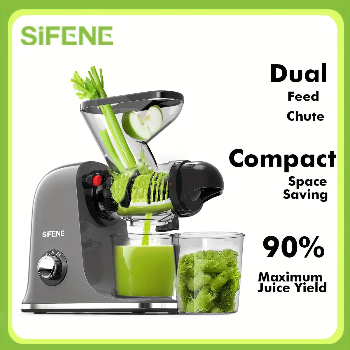 SiFENE Cold Press Juicer - Slow Masticating, High Yield for Fruits & Veggies, Dual-Mouth, Anti-Clog, Easy Clean, BPA-Free, Gray