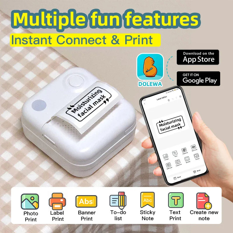 Dolewa D3 Portable Printer Thermal Paper Stickers Paper Mini Printers Labels Maker Printer for Error Printing Photo Printing
