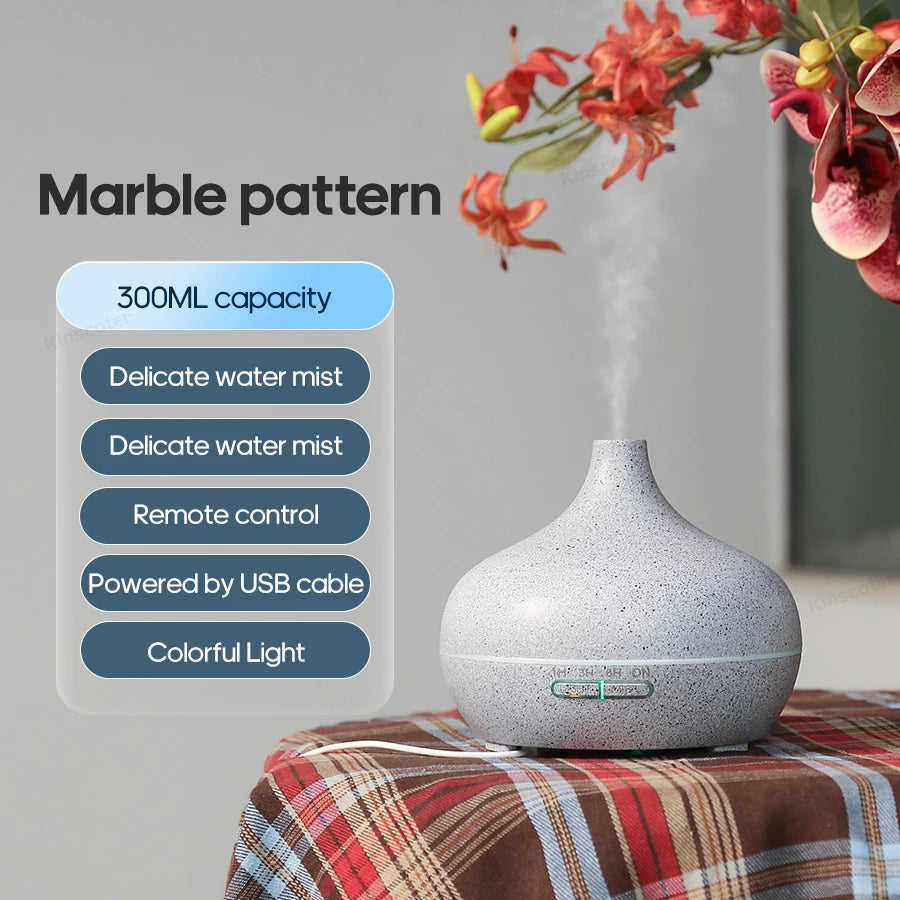 KINSCOTER Wood Grain Aromatherapy Diffuser 300ml Essential Aroma Oils Ultrasonic Air Humidifier 3 Timers USB Color Light