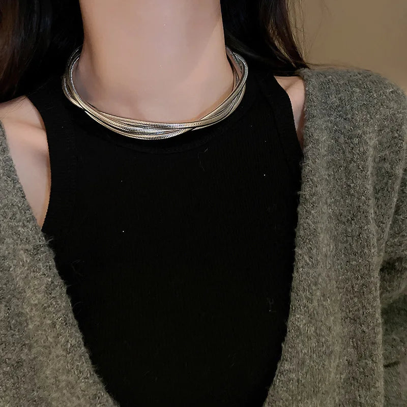 European American Multi-layer Winding Versatile Necklace for Women Fashion Personality Geometric Neck Chain Jewelry Accessories