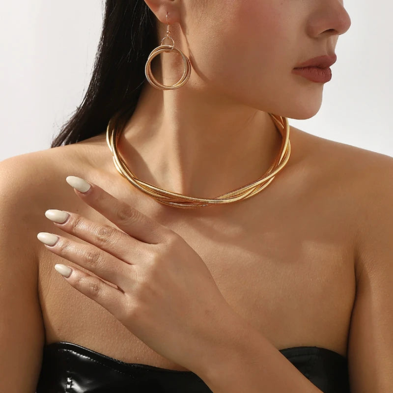Personalized Punk Style Twisted Multi-layer Necklace Earrings, Women's Fashion Trend Jewelry Set Holiday Accessories 2pcs/set