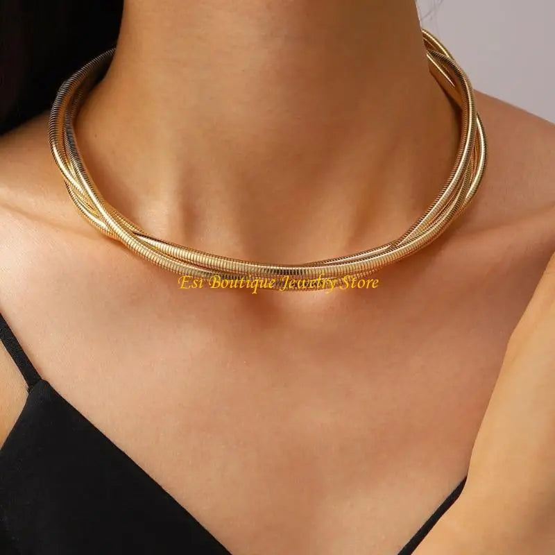 4XBE Women's Punk 3 Strands Wrap Chain Necklace and Bracelet Set Geometric Wristband and Neckchain Jewelry Set