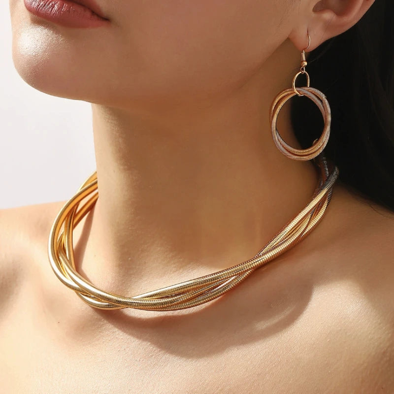 Personalized Punk Style Twisted Multi-layer Necklace Earrings, Women's Fashion Trend Jewelry Set Holiday Accessories 2pcs/set