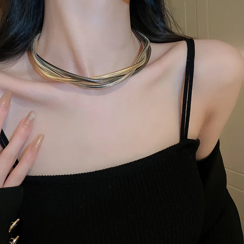 European American Multi-layer Winding Versatile Necklace for Women Fashion Personality Geometric Neck Chain Jewelry Accessories