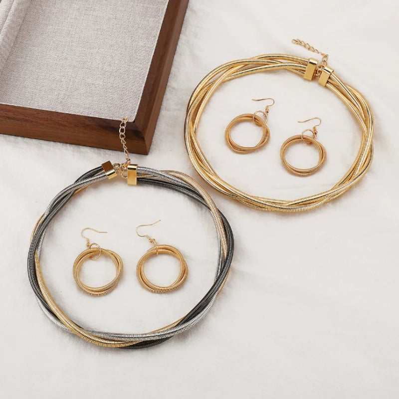 Personalized Punk Style Twisted Multi-layer Necklace Earrings, Women's Fashion Trend Jewelry Set Holiday Accessories 2pcs/set