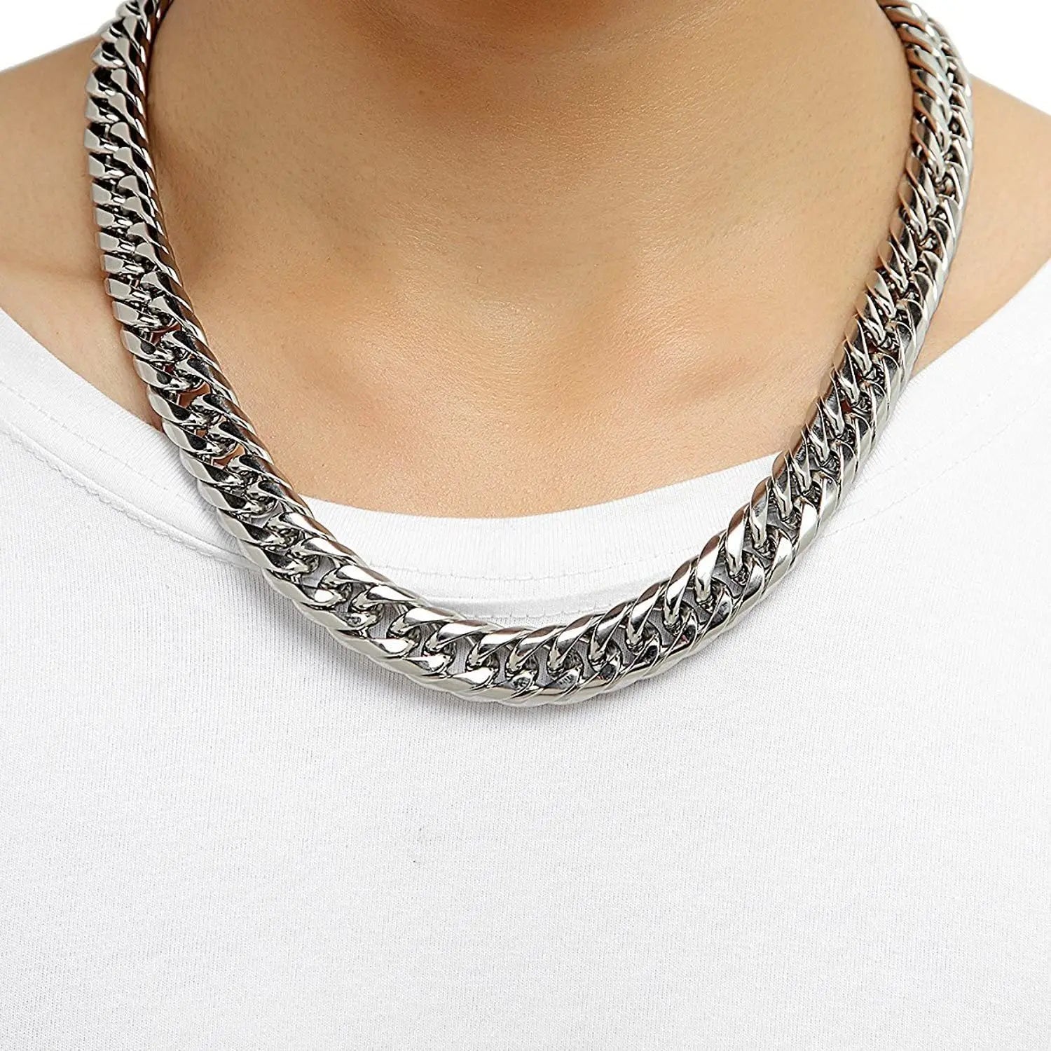 HNSP Stainless Steel Cuban Link Chain Necklace For Men Jewelry 8MM-14MM Width Male Neck Accessories