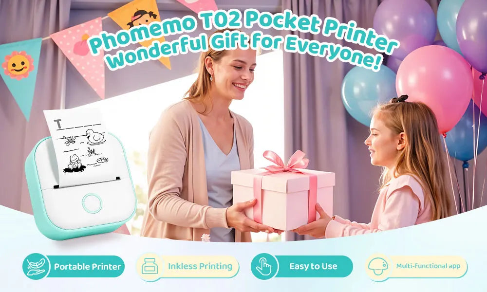 Phomemo T02 Mini Thermal Printer Wireless Mini Pocket Printer, Adhesive Sticker Printer for DIY, Journal, Student Birthday Gift
