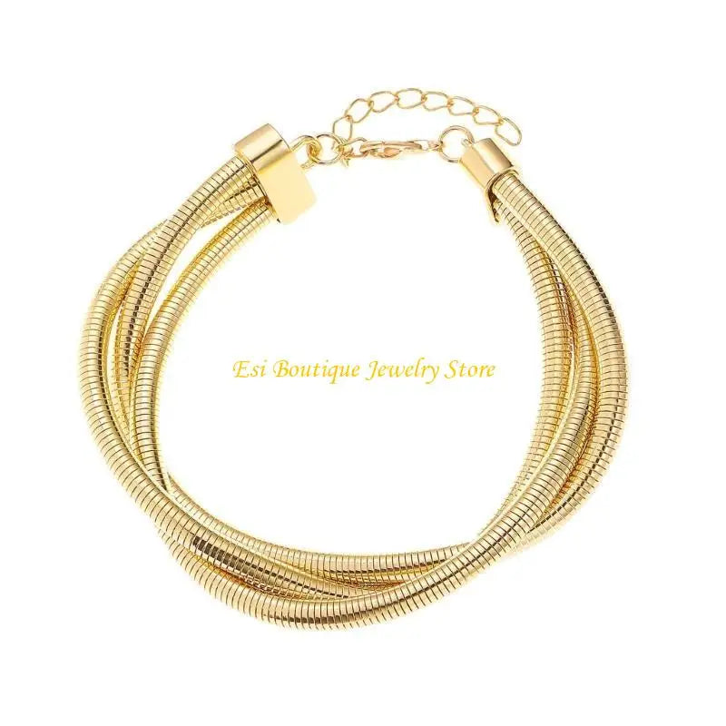 4XBE Women's Punk 3 Strands Wrap Chain Necklace and Bracelet Set Geometric Wristband and Neckchain Jewelry Set