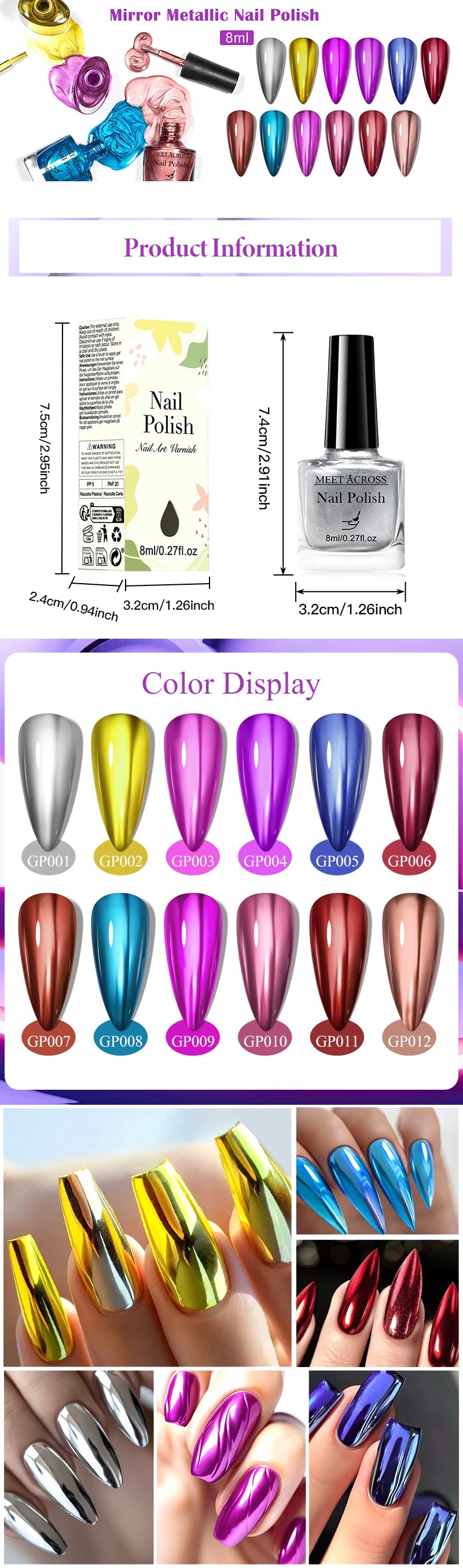 8ml Metallic Nail Polish Mirror Effect Fast Drying Long-Lasting Nails Art Polish DIY No Need Lamp Cure Manicure Nail Supplies