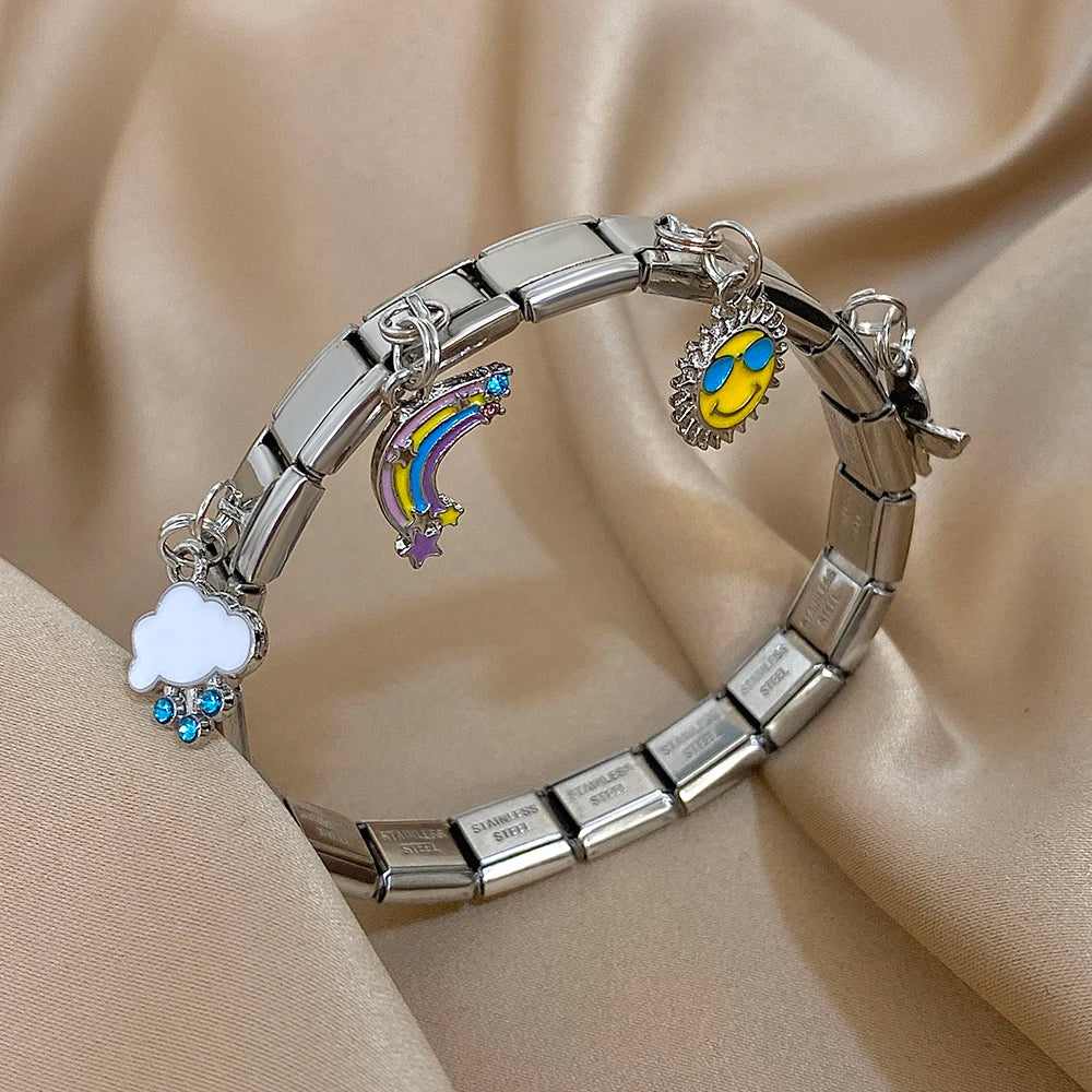 Greatera Castle Girl Panda Colorful Flower Smiling Face Sun Moon Pattern Pendant Bangle Personality Multiple Style Bracelet New