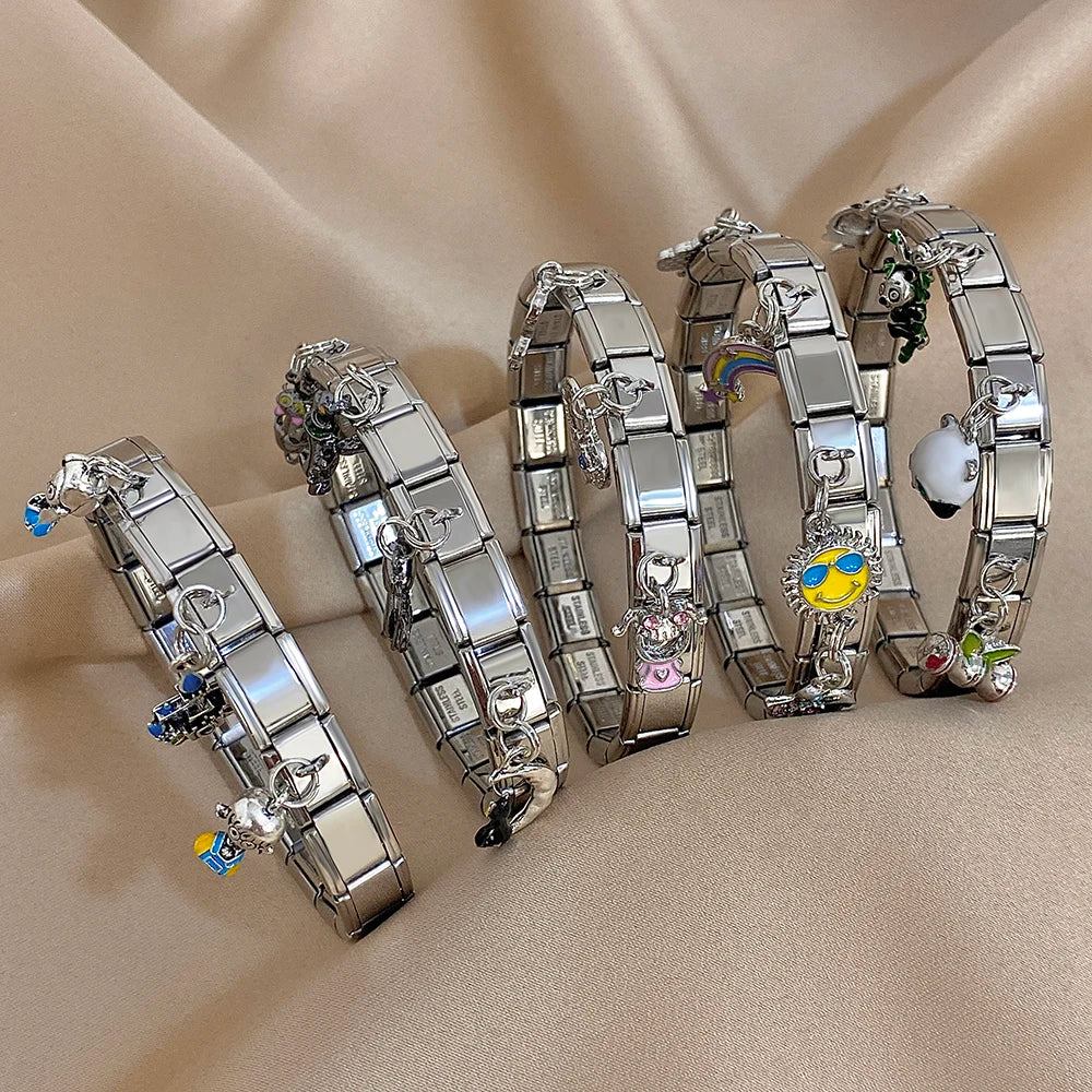 Greatera Castle Girl Panda Colorful Flower Smiling Face Sun Moon Pattern Pendant Bangle Personality Multiple Style Bracelet New