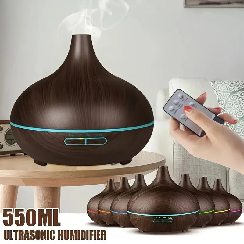 Diffuser For Home 550ml Aromatherapy Essential Oil Diffuser Wood Grain Remote Control Ultrasonic Air Humidifier Cool 7 Color LED