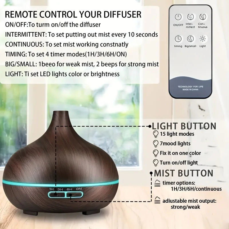 Diffuser For Home 550ml Aromatherapy Essential Oil Diffuser Wood Grain Remote Control Ultrasonic Air Humidifier Cool 7 Color LED