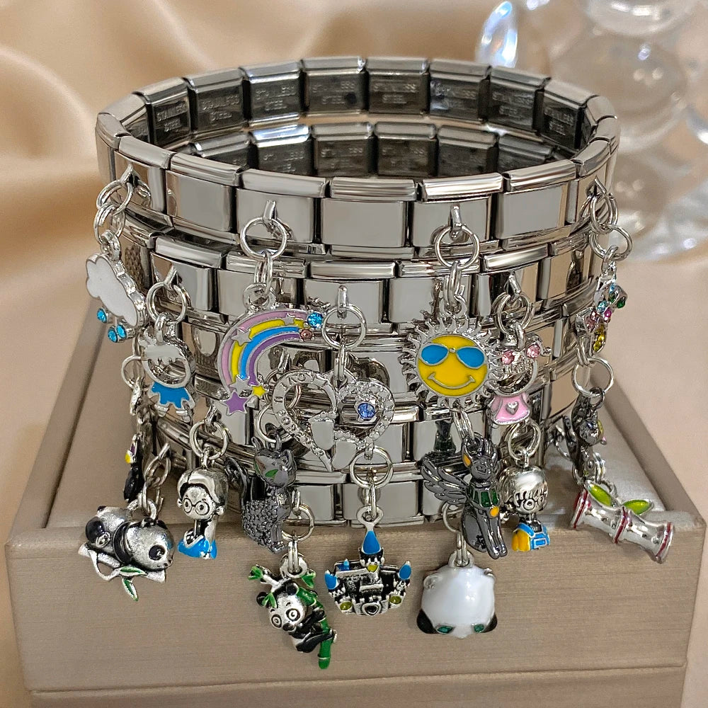 Greatera Castle Girl Panda Colorful Flower Smiling Face Sun Moon Pattern Pendant Bangle Personality Multiple Style Bracelet New