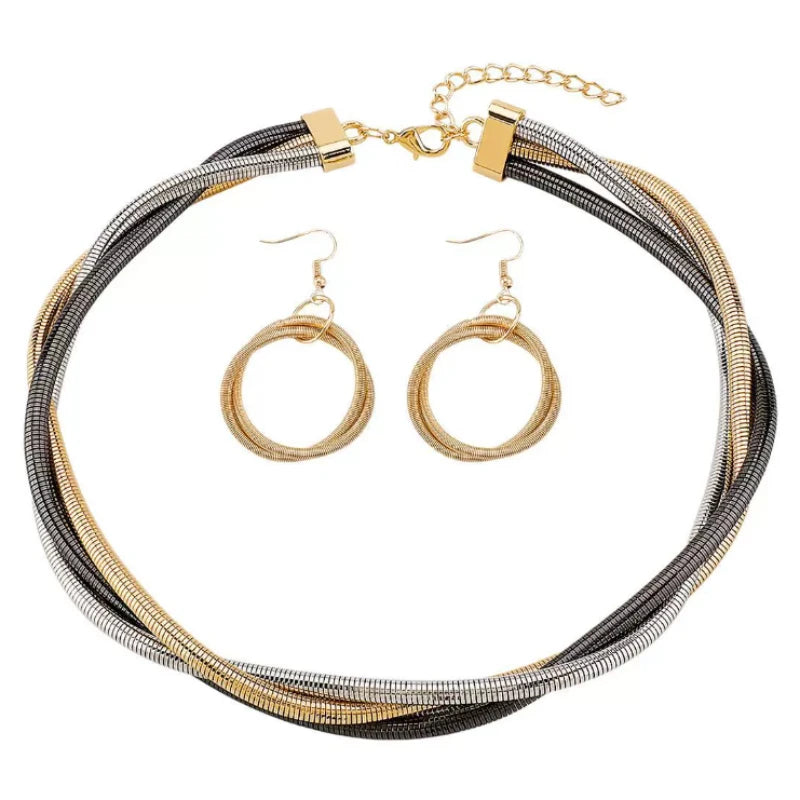 Personalized Punk Style Twisted Multi-layer Necklace Earrings, Women's Fashion Trend Jewelry Set Holiday Accessories 2pcs/set