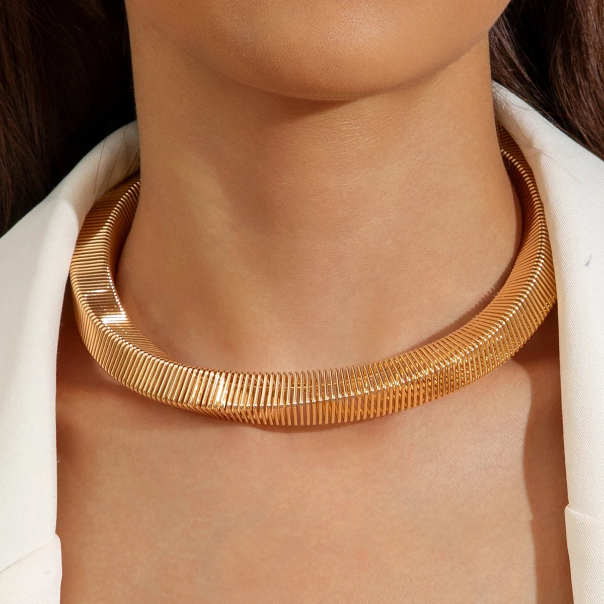 Tocona Vintage Exaggerated Gold Silver Colour Chunky Choker for Women Striped Collar Necklace with Adjustable Chain Jewelry